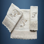 LETTER: T - EMBROIDERED ON TOWELS WITH LACE